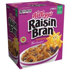 a box of cereal with raisin bran in it