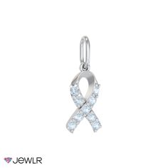 Different colors, different meanings. This pavé-set Awareness Ribbon charm can be personalized with a choice of gemstones in the color that represents your great cause. Perfect alone or paired with others, this individual charm fits our fine-link chains or one of your own. Design in sterling silver, white, yellow, or rose gold. White Diamond Jewelry With Charms, Sterling Silver Charms Jewelry For Promise, White Gold Diamond Charms For Gift, Diamond Charms With Diamond Accents For Gifts, Meaningful Pendant Jewelry With Charms, Sterling Silver Round Pendant Charms With Gemstone, Mens Engagement, Awareness Ribbon, Awareness Ribbons