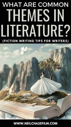 an open book with the title, what are common themes in literature? fiction writing tips for