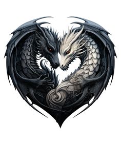 two black and white dragon heads in the shape of a heart