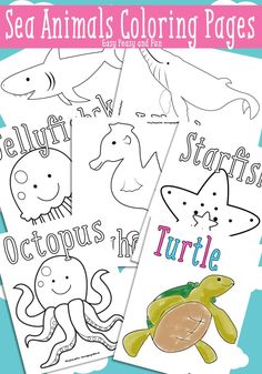 three sea animals coloring pages with the words octopus, turtle and starfish on them