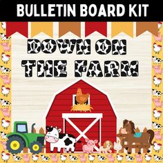 the bulletin board kit includes farm animals, barnyards, and tractor parts to help students learn how to write down on the farm