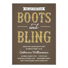 a brown and gold wedding card with the words boots and bling written on it