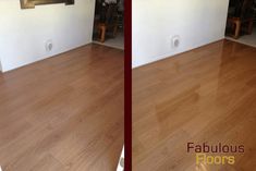 an empty room with hard wood floors and white walls, before and after being cleaned