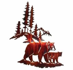 two bears and a bear cub are standing in front of some pine trees on a white background