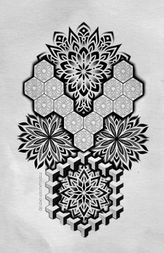 an intricate black and white drawing of snowflakes with geometric shapes in the middle