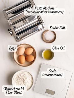 ingredients to make an egg roll recipe on a white counter top, including eggs and flour