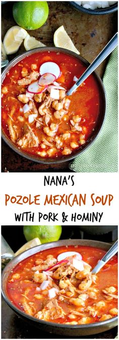 two pictures showing the process for making mexican soup, with pork and hominy