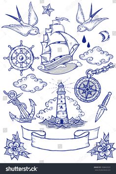 an anchor, ship, compass and other marine related items in blue ink on a white background