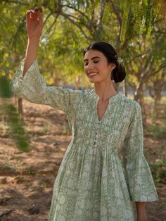 Greener days tunic dress - Trendroots Bell Sleeves Kurti, Cotton Tunic Dress, Tunics Online, Designer Kurti Patterns, Tunic Designs, Printed Short Dresses, Fancy Dresses Long, Printed Cotton Dress, Dresses Xxl