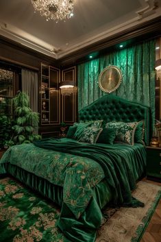 a bedroom with green velvet bedding, chandelier and rugs on the floor