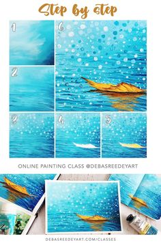 single yellow leaf floating on blue rainy water landscape acrylic painting on canvas Acrylic Painting Lessons, Diy Watercolor Painting, Canvas Painting Diy, Watercolor Paintings Tutorials, Night Painting, Online Class, Beginner Painting, Diy Canvas Art Painting, Art Inspiration Painting