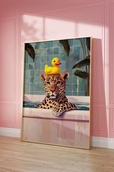 a painting of a leopard with a rubber ducky on its head sitting in a bathtub