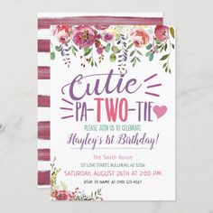 a pink and purple birthday party card with flowers on the front, stripes in the background