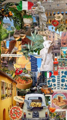 collage of various images including an old car, statue and street signs in italy