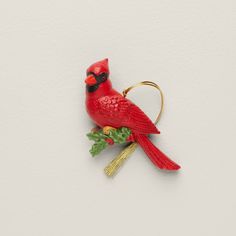 a red bird sitting on top of a tree branch next to a keychain