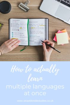 someone is writing in an open book with the title how to start learning a new language in 9 easy steps