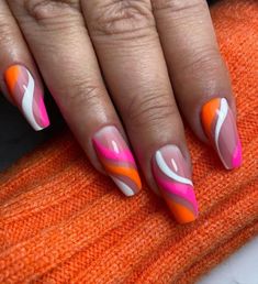 pink orange and white nails Pink Orange And White Nails, Orange And White Nails, Bright Gel Nails, Acrylic Nail Designs Coffin, Accent Nail Designs, Beautiful Dawn, The Color Orange, Neon Acrylic Nails