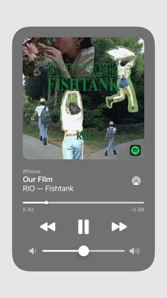 an ipod screen with the words, our film rio fishtank on it and two people