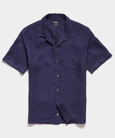 Sea Soft Irish Linen Camp Collar Shirt in Navy Blue Linen Camp Shirt For Vacation, Navy Relaxed Fit Shirt With Pockets, Linen Camp Shirt With Camp Collar, Summer Indigo Shirt With Relaxed Fit, Navy Collared Shirt For Summer, Navy Collared Short Sleeve Shirt For Summer, Indigo Shirt With Relaxed Fit For Summer, Casual Navy Shirt For Vacation, Casual Navy Short Sleeve Shirt For Summer