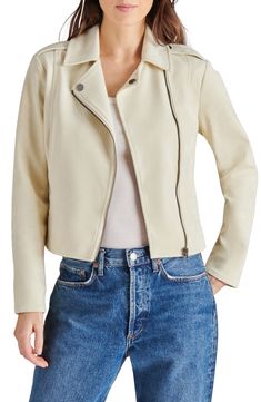 A soft faux suede moto jacket with a cropped hem pairs well with anything in your wardrobe. 19" length (size S) Notch collar Long sleeves 95% polyester, 5% elastane faux suede shell  Hand wash Imported Model stats: 5'10" height, 32" bust, 25" waist, 36" hip. Model is wearing size S. Casual Fitted Suede Biker Jacket, Casual Suede Fitted Biker Jacket, Casual Suede Biker Jacket, Spring Suede Leather Jacket With Long Sleeves, Spring Long Sleeve Suede Leather Jacket, Trendy Suede Leather Jacket, Not Your Baby, Faux Suede Moto Jacket, Suede Moto Jacket