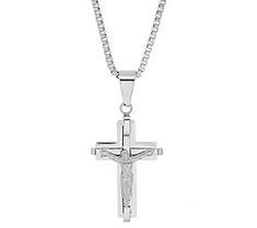 Share your faith in sleek, simple style with the lustrous beauty of this stainless steel cross pendant and chain. From Steel by Design® Jewelry. White Gold Stainless Steel Cross Necklace, White Gold Stainless Steel Cross Pendant Necklace, Minimalist Stainless Steel Crucifix Jewelry, Elegant Stainless Steel Cross Pendant Jewelry, Minimalist Stainless Steel Cross Pendant Necklace, White Gold Stainless Steel Crucifix Necklaces, White Stainless Steel Cross Pendant Necklace, White Gold Stainless Steel Crucifix Necklace, Stainless Steel Cross Pendant With Silver Chain