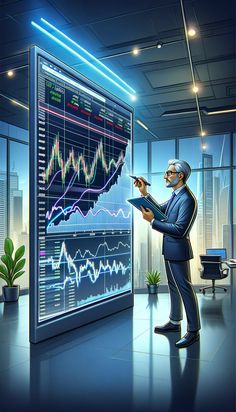 a man in a suit is looking at a stock chart on a large monitor screen