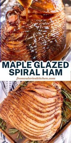 maple glazed spiral ham on a platter with rosemary sprigs and sauce being drizzled over it