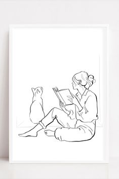 a black and white drawing of a woman sitting on the floor reading a book next to a cat