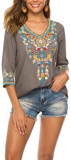 Fall Boho Embroidery Mexican Bohemian Tops Peasant 3/4 Sleeve V Neck Shirt Tunic Blouses Bohemian Half Sleeve Blouse For Spring, Spring Bohemian Half-sleeve Blouse, Spring Bohemian Half Sleeve Blouse, Bohemian 3/4 Sleeve Summer Blouse, Bohemian Blouse With 3/4 Sleeves For Summer, Bohemian Blouse With 3/4 Sleeve Floral Print, Bohemian Tops With 3/4 Sleeve And Floral Embroidery, Bohemian Half Sleeve Tops For Fall, Bohemian Floral Print Top With 3/4 Sleeves