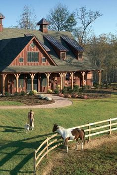 two horses standing in front of a large house