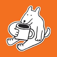 a sticker with a dog holding a coffee cup in it's paws on an orange background