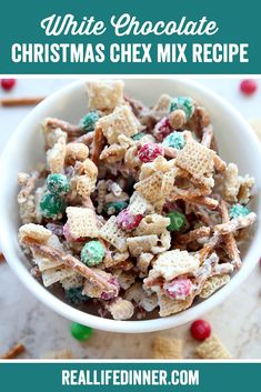 white chocolate christmas chex mix recipe in a bowl