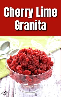 a glass bowl filled with cranberry lime granita