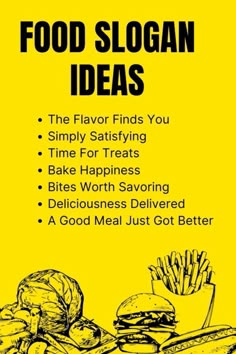 a yellow poster with the words food slogan ideas on it and an image of a sandwich