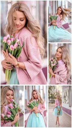 a woman in pink and blue dress holding tulips while posing for the camera