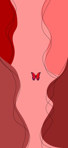 a red butterfly flying in the air over a pink background with wavy lines on it