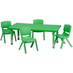 a green table and four chairs with one child's chair on the other side