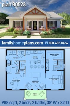 two story house plan with 2 beds, 2 baths, 3 w 32'x 32 '