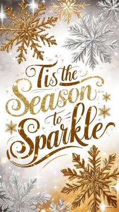 the season to sparkle poster with gold and silver snowflakes