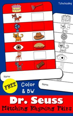 the dr seuss matching rhying pairs worksheet is shown in red, white and blue