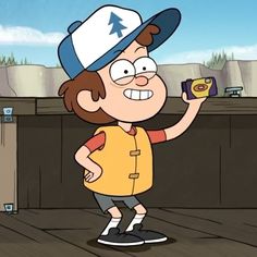 a cartoon character holding a cell phone in one hand and wearing a baseball cap on the other