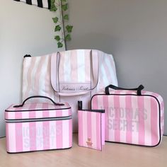 *One New With Tags, Two New Without Tags, And One Like New; Used Only Once, Very Briefly* Victoria’s Secret 4 Piece Matching Travel Set Bundle In Signature Pink Stripes, With Two Makeup/Cosmetic Bag And Case (One Soft Hanging, And One Hard Train Case), One Carry-All Tote, And A Passport Cover. Plus A Free Gift With Purchase. Makes A Wonderful Gift Set! Passport Cover - New Without Tags Approx. 4” X 5.5” Hanging Makeup Bag - Like New (Used Once, Very Briefly) Approx. 11” X 8” X 3.5” (Closed) Trai Victoria Secret Makeup, Pink Girly Things, Train Case, Victoria Secret Angels, Gift With Purchase, Travel Set, Passport Cover, Pink Stripes, Vs Pink