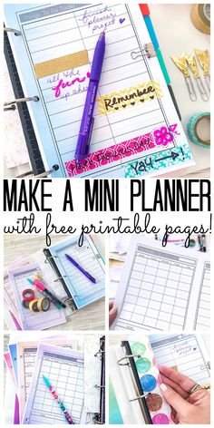 a binder with the words make a mini planner on it and pictures of pens, scissors