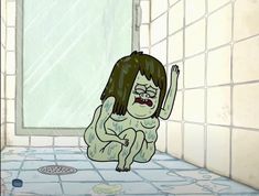 a cartoon image of a naked woman on the floor in front of a bathroom window