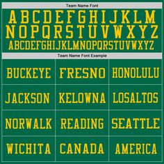 a green and yellow typeface with the letters in different font styles, including one for each letter