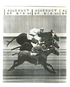 black and white photograph of jockeys on horses racing in a race at the racetrack