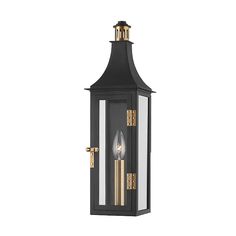 an outdoor wall light with two lights on the front and side of it, in black