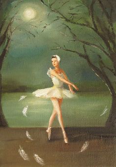 a painting of a ballerina dancing in the park at night with feathers flying around her