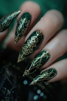 Unleash your inner witch with these spellbook-inspired nails! 🖤📚 Featuring mystical symbols, arcane scripts, and enchanted designs, these nails are perfect for casting some serious style spells. 💅✨ #AncientSpellbook #MysticalMani #MagicNails Arcane Nails Design, Arcane Nails, Best Nail Ideas, Stiletto Nails Designs